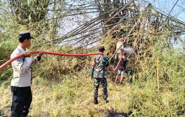 You are currently viewing Babinsa Kodim 0803/Madiun Bantu Padamkan Kebakaran Lahan Kosong Milik Warga